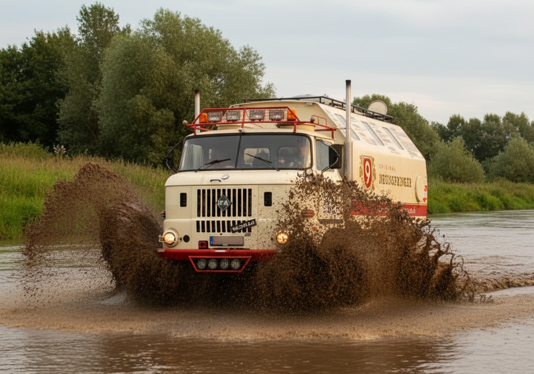 IFA LKW W50 "Expedition" 4x4 bei Flussdurchfahrt.